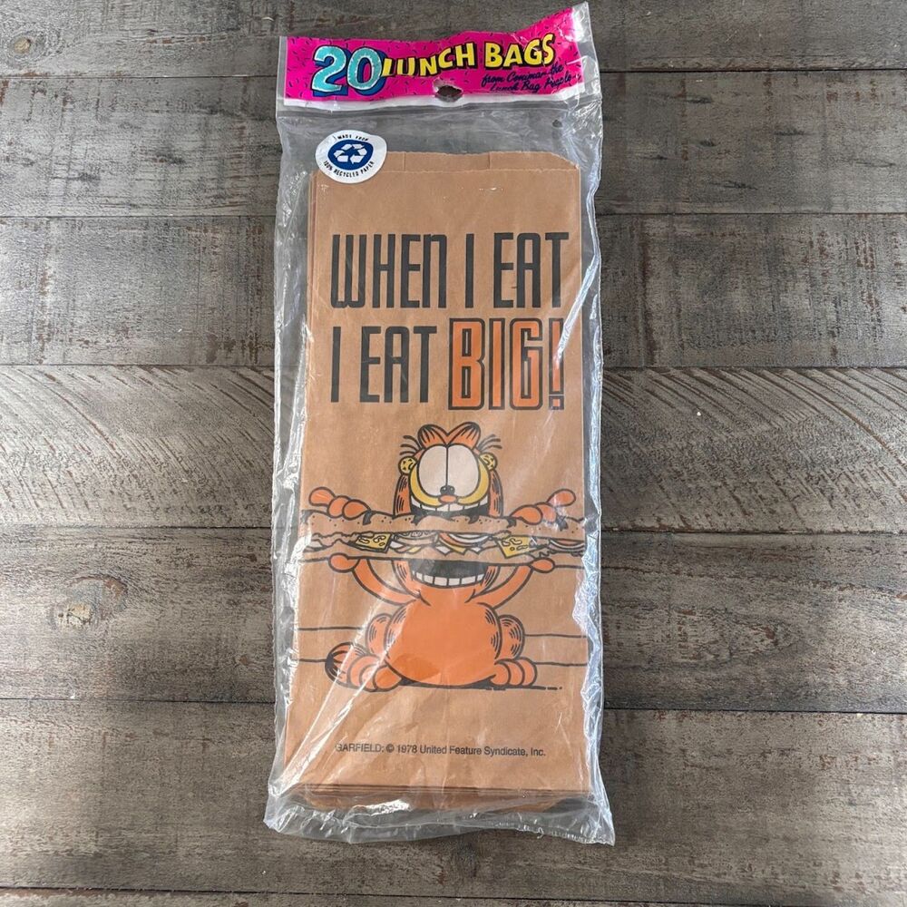 Vintage Garfield Lunch Bags Brown Paper Spray Paint Let's Eat 20 Ct New Sealed